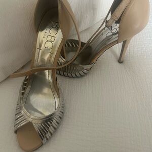 BCBG Stilettos 7 1/2 Nude & Silver peep. Few small flaws shown in photos